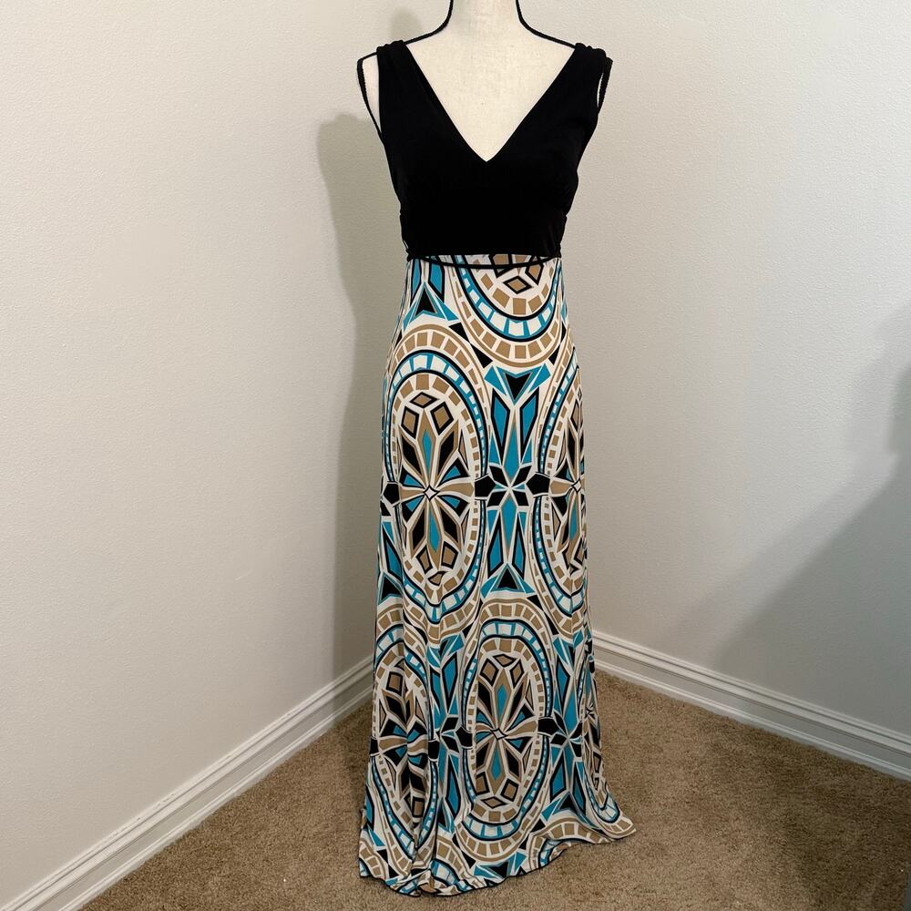 Vintage Y2K XOXO Collection Black Blue Tan Sleeveless Maxi Dress Womens Medium